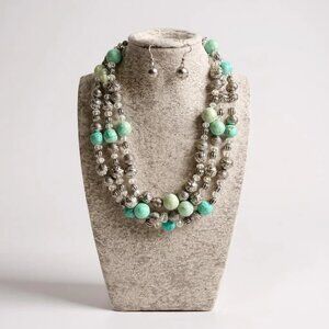 Three Layers turquoise & silver tone And Clear ab Faceted bead necklace earring